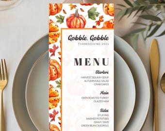 Puede incluir: Un menú de Acción de Gracias con un diseño de acuarela de calabazas y hojas de otoño. El menú incluye entrantes, plato principal, acompañamientos y postre. El texto dice "Gobble. Gobble Thanksgiving 2024".