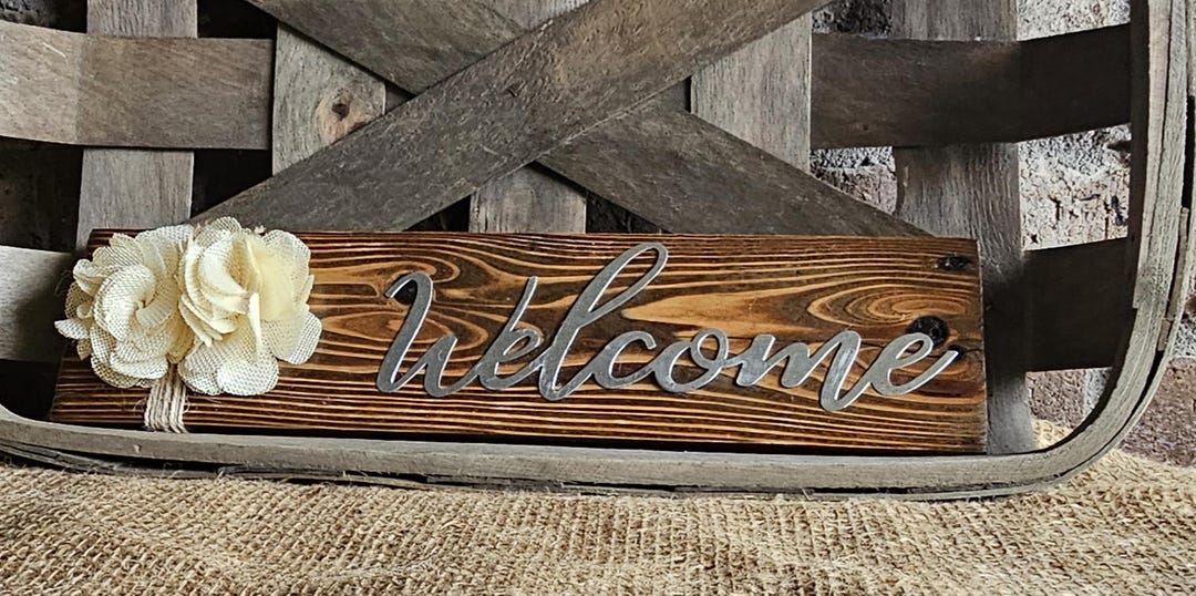 Welcome Sign.rustic Decor.wood Sign.metal Sign.entryway Sign.burlap ...