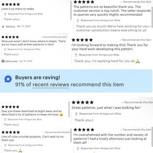 Puede incluir: Captura de pantalla de las rese&ntilde;as de los clientes para una tienda de patrones de crochet en Etsy. Las rese&ntilde;as son todas positivas y destacan la calidad de los patrones, el servicio al cliente y la facilidad de compra. El propietario de la tienda responde a cada rese&ntilde;a con un agradecimiento y un mensaje positivo.