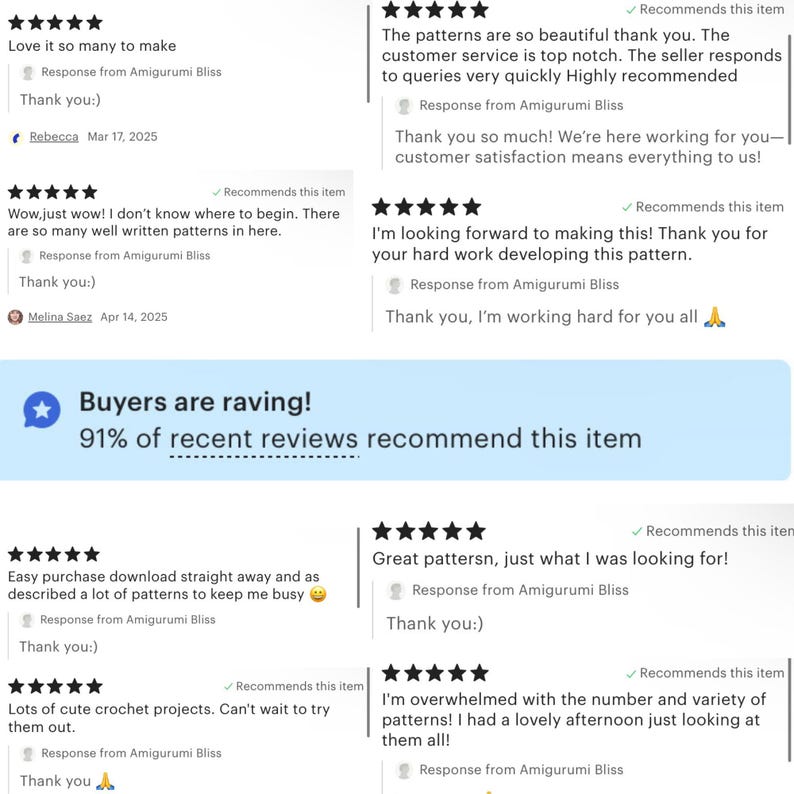 Puede incluir: Captura de pantalla de las rese&ntilde;as de los clientes para una tienda de patrones de crochet en Etsy. Las rese&ntilde;as son todas positivas y destacan la calidad de los patrones, el servicio al cliente y la facilidad de compra. El propietario de la tienda responde a cada rese&ntilde;a con un agradecimiento y un mensaje positivo.