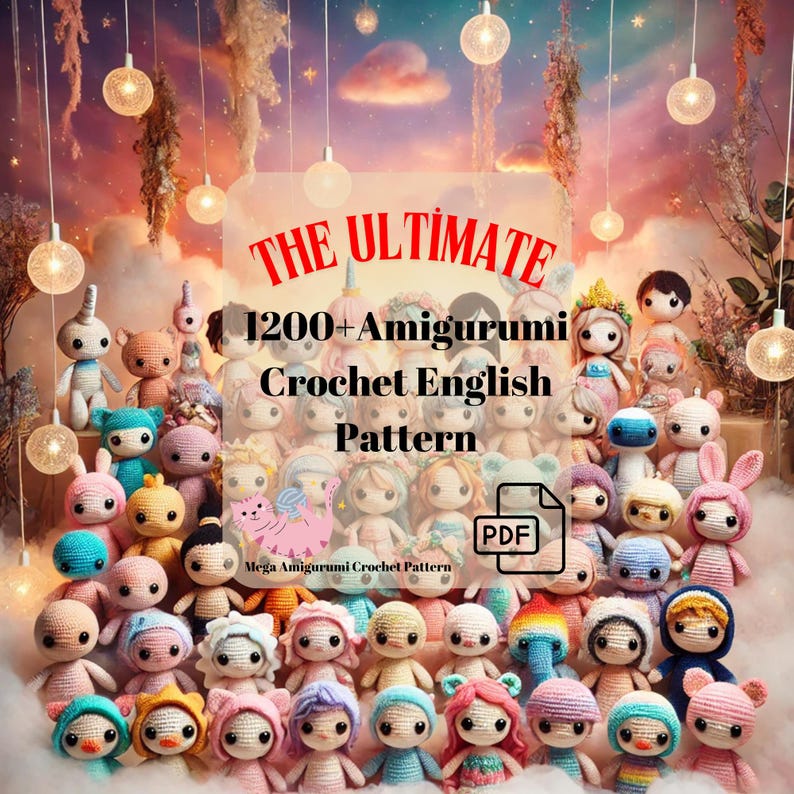 Puede incluir: Una colecci&oacute;n de m&aacute;s de 1200 patrones de crochet amigurumi en ingl&eacute;s, con una variedad de personajes adorables. Los patrones est&aacute;n disponibles para descargar en PDF. La imagen muestra una variedad de personajes de crochet coloridos, incluyendo animales, personas y criaturas m&iacute;ticas.