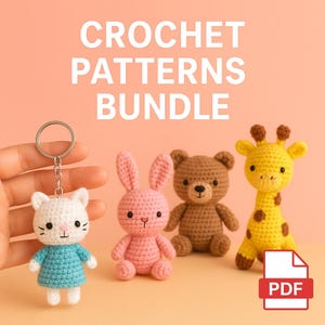 May include: A selection of crochet animal patterns, featuring a white cat keyring, a pink bunny, a brown bear, and a yellow giraffe with brown spots. The image includes the text "CROCHET PATTERNS BUNDLE" and a PDF icon.