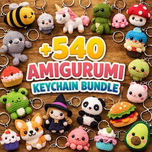 May include: A collection of colorful amigurumi keychains, including a bee, unicorn, panda, and avocado. The image features a variety of crocheted figures with key rings, and the text "+540 AMIGURUMI KEYCHAIN BUNDLE".