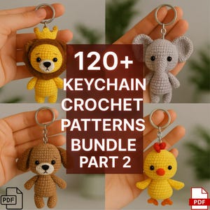 May include: Four crochet keychain patterns are shown, including a lion, elephant, dog, and chick. The lion wears a gold crown. The image text reads "120+ KEYCHAIN CROCHET PATTERNS BUNDLE PART 2".