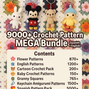 May include: Crochet amigurumi keyrings of a white rabbit, Mickey Mouse, a teddy bear, and a yellow character with a blue hat. The image also features a crochet pattern bundle with over 9000 patterns.