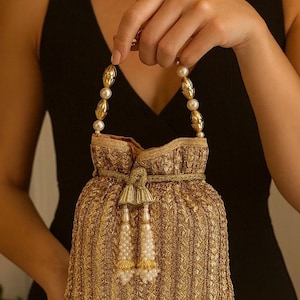 DARLA Heritage Gold Potli Bag with Heavy Copper tassels and Distinctive handle for Regalia outfits and Historical look