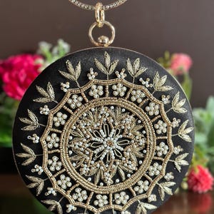 Round Black Clutch Purse with Gold Craftmanship and  Graceful design for Cocktail, Prom & Formal Outfits - KESHA