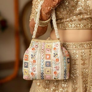 MANSA Ivory White multicoloured Zardozi Embroidery Potli Bag with Pearl Handle,Indian wedding purse, pakistani festive outfit wedding,Diwali
