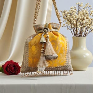 CLIO Bright Sunny Yellow Top Handle Bag with Brocade fabric, Border Lacework and Pearl Fringes for Wedding and Brunch Parties