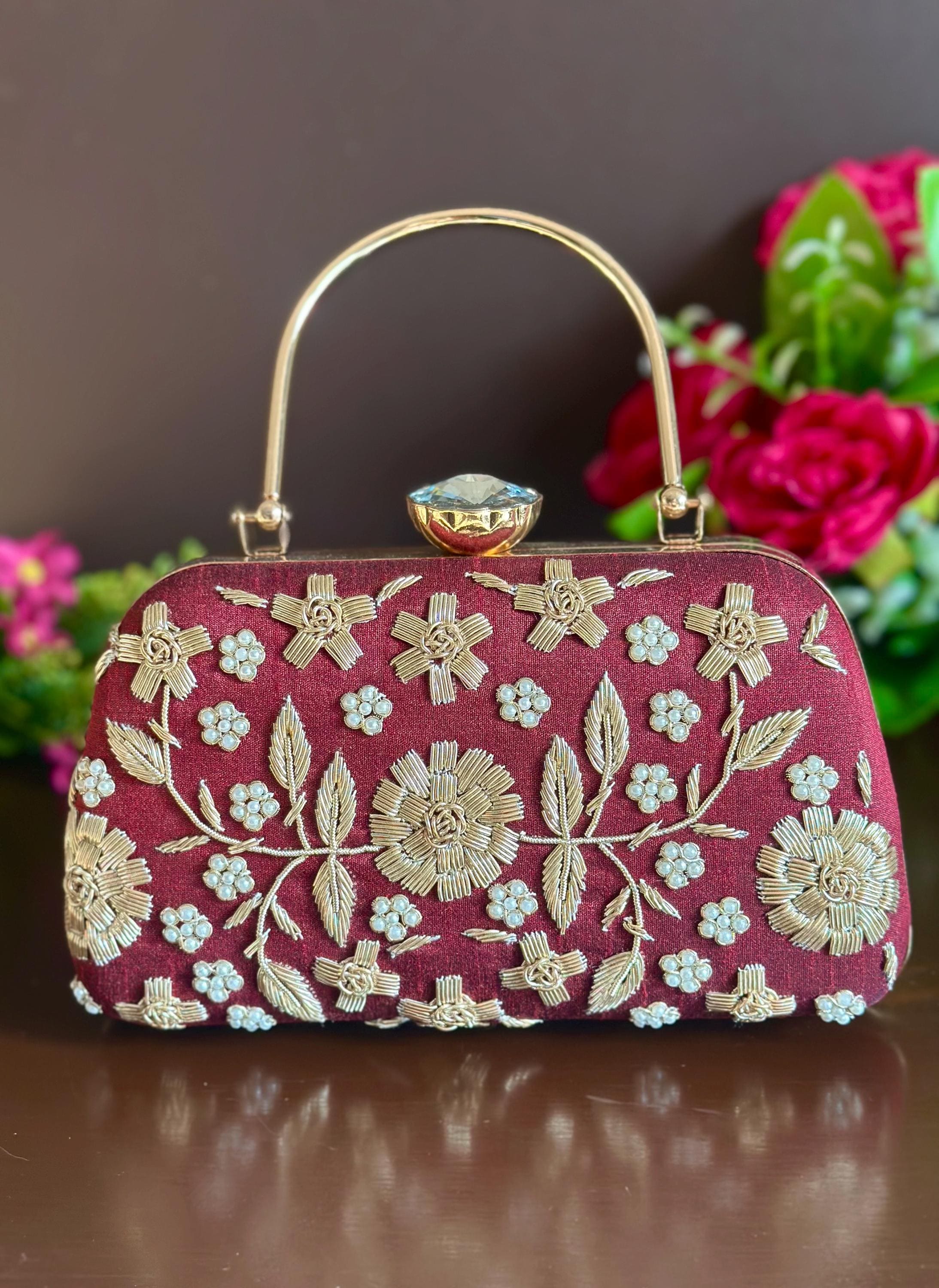 QALA Maroon Red Box Clutch Purse With Gold Embroidery and Metal