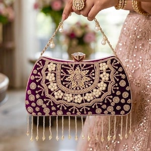 BANO Wine Purple Gold Embroidered Evening Clutch, Chain Handle Handbag, Bridal and Festive Purse for Wedding Guest & Cocktail Party