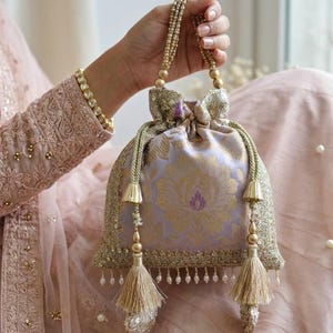 Lilac Mauve Top Handle Bag with Brocade fabric, Border Lacework and Pearl Fringes for Wedding and Brunch Parties - CLIO