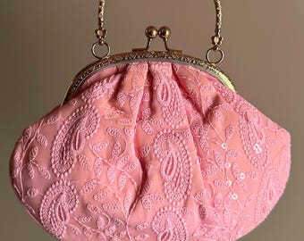 QIYA Fancy Pink Style Purse with Fine Lacework, Top handle, Light weight cloth and detachable sling for Elegant & Versatile Looks