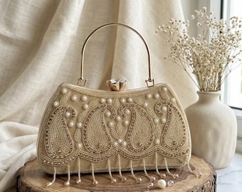 SYRA ライトサンドゴールドパールクラッチパース、手作りのトップハンドルウェディングバッグ、インドの祝祭や披露宴向けのシャンパンブライダルハンドバッグ