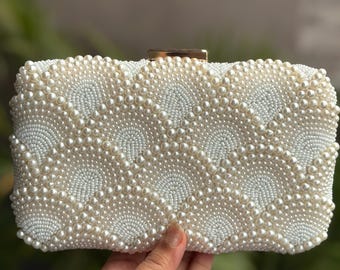 ROSALIE Ivory White Pearl Clutch Purse with Detailed Pearl embroidery for Christian Wedding function and reception