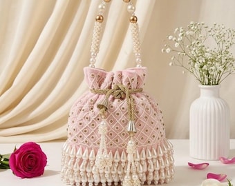 MAISHA Baby Pink Pearl White Top Handle Bag with Exquisite Design and Detailed Elegant Style for Spotlight Fashionable Outfits