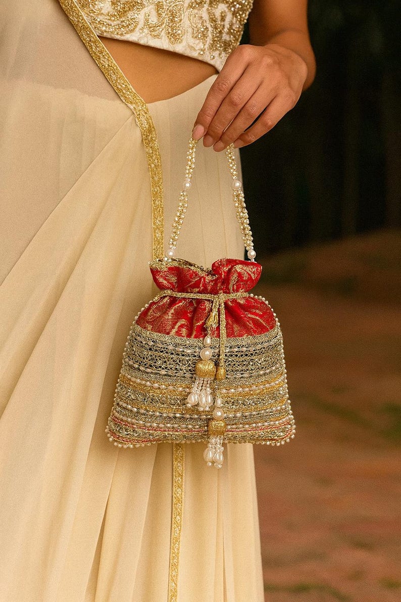 Gold Lacework Top Handle Bag With Red Fabric Base for Art Deco ...