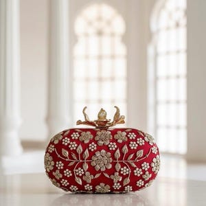 Könnte beinhalten: Eine rote, ovale Clutch mit aufwendiger goldener Blumenstickerei und Perlenakzenten. Die Clutch hat einen goldenen Verschluss mit einem dekorativen Blumendesign. Der Hintergrund ist ein weiches, verschwommenes Weiß.
