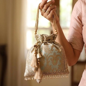 Arctic Blue Handbag with Brocade Fabric, Drop Pearl Fringes, Top Handle and Border Lacework for Anniversary and Brunch Parties - CLIO