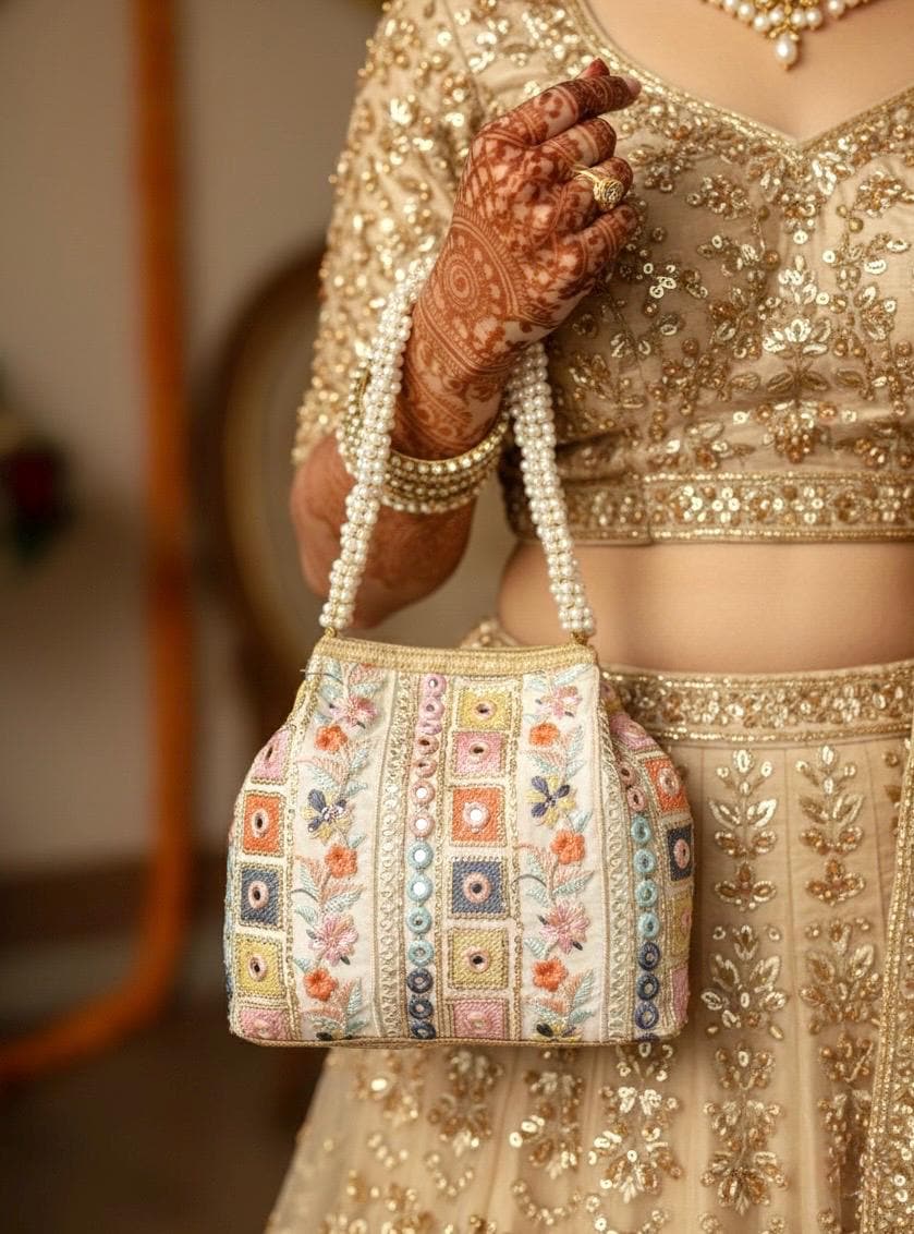 MANSA Ivory White multicoloured Zardozi Embroidery Potli Bag with Pearl Handle,Indian wedding purse, pakistani festive outfit wedding,Diwali