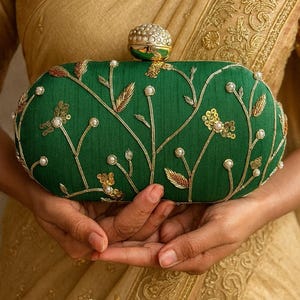 Oval Green Clutch Purse with Golden leaf Embroidery, crossbody sling and Diamond knob for Engagement outfit and Royal look  - ROMA