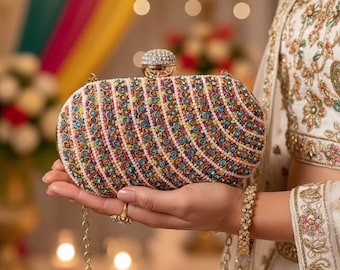 ALAYA Gemstone Rainbow Clutch bag with Oval Shape Frame and Studded stone for Artistic look