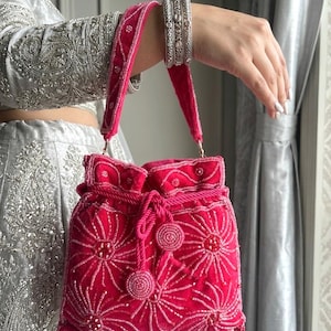 RIBA Fuchsia Top Handle velvet Bag with glass seed beads and crystals for Weddings and Royal events,hot pink Indian traditional potli