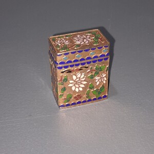 Vintage Rectangular Cloisonné Floral Pill Box, Small Brass Enamel Trinket Box