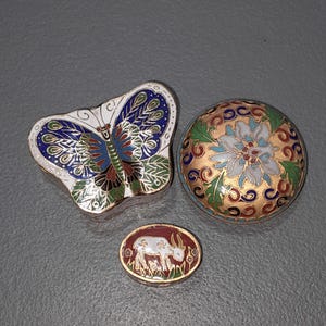Vintage Cloisonné Enamel Trinket Box Butterfly, Floral & Goat Motif Collectible Jewelry or Pill Boxes