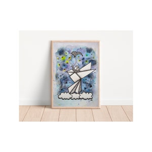Watercolour Giclée print 10x12, Child on origami bird catching fireflies