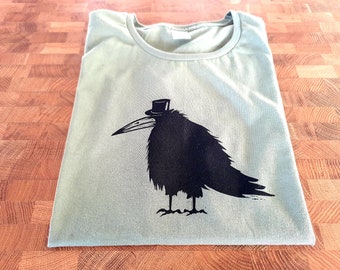 Grumpy Crow Shirt - Linolschnitt Block handbedrucktes T-Shirt