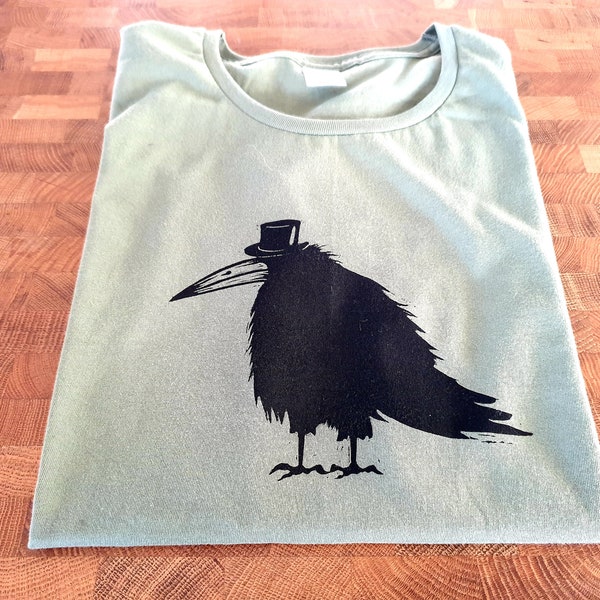 Chemise Grumpy Crow - T-shirt imprimé à la main en bloc de linogravure