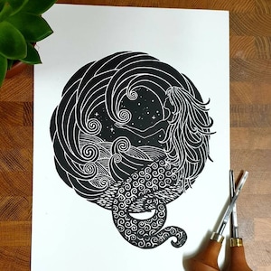 Mermaid Original Lino Print