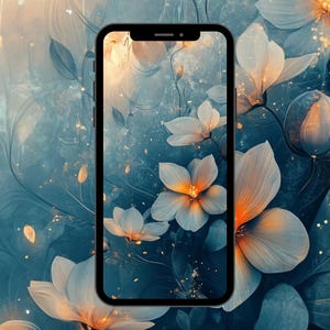 Peut inclure: Un smartphone affichant un fond d'écran numérique avec un fond bleu et des fleurs blanches avec des centres jaunes. Les fleurs sont disposées en grappe et semblent briller.