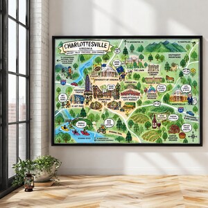 Charlottesville illustrated map Rolled Poster | Virginia landmarks, city map art