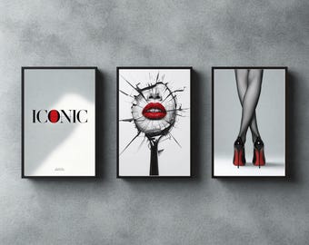 Kultige Fashion Wall Art 3er Set – Rote Lippen, Stiletto Heels, Typografie Prints – Chicer Vogue-inspirierter Look