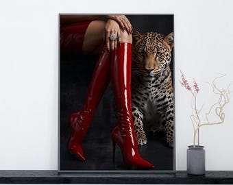 Luxury Red Boots & Leopard Wall Art – High Fashion Glam Print, Editorial Style Digital Download, Vogue-Inspired Modern Decor
