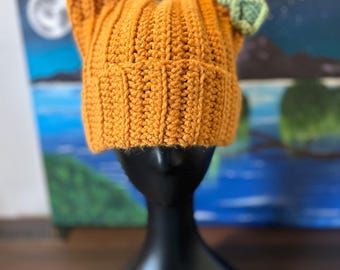 Crochet Cat Ear Beanie with Bow – Handmade Ribbed Kitty Hat – Cozy Winter Accessory