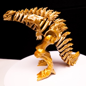 Silver & Gold Godzilla Skeleton Figure: Poseable Handmade Kaiju Toy