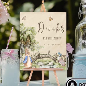 Peter Rabbit Food Drinks Station Sign, Blue Baby Shower Sign Food Table Sign Food Drinks Poster, Blue Bunny Party Printable Instant Download