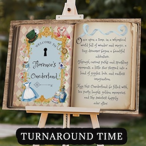 May include: A wooden easel displays a sign with the text "Welcome to Florence's Onederland." The sign is designed to look like an open book, with whimsical illustrations and text. The sign's dimensions are 91 cm x 61 cm.
