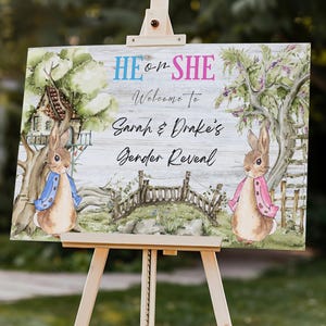 Peter Rabbit Gender Reveal Welcome Sign | He or She Party Sign | Bunny Baby Shower Sign | Custom Gender Reveal Poster | Digital Download