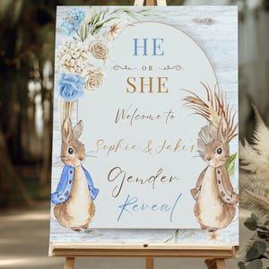 Boho Gender Reveal Welcome Sign | He or She Party Sign | Peter Rabbit Baby Shower Sign | Custom Gender Reveal Poster | Digital Download