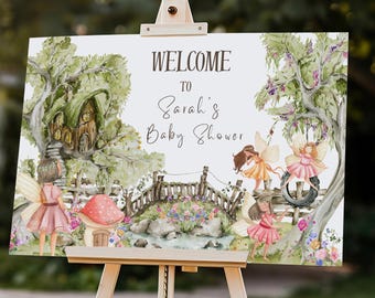 Può includere: Benvenuti al baby shower di Sarah con una scena di bosco incantata con fate, funghi e un ponte. Il cartello misura 91,44 cm per 60,96 cm.