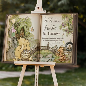 Customized Classic Winnie The Pooh Birthday Welcome Sign -Open Book Entrance Door - Pooh with Friends Balloon Welcome Sign Digital File