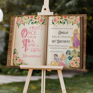 Placa de boas-vindas personalizada para aniversário de princesa | Aniversário de livro de histórias | Decoração para festa real na porta de entrada, pôster de boas-vindas para aniversário de Era Uma Vez
