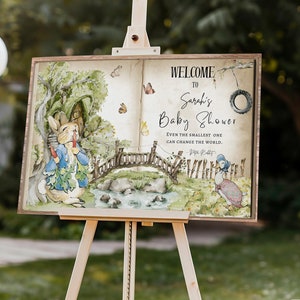 Cartello di benvenuto personalizzato Peter Rabbit - Cartello di benvenuto per baby shower con coniglietto - Decorazione per baby shower con libro di fiabe - Porta d'ingresso - Download digitale