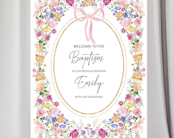 Baptism Welcome Sign Girl - Floral Baptism Sign - Personalized Christening Sign - Girls Baptism Décor - Pink Bow Printable Baptism Poster