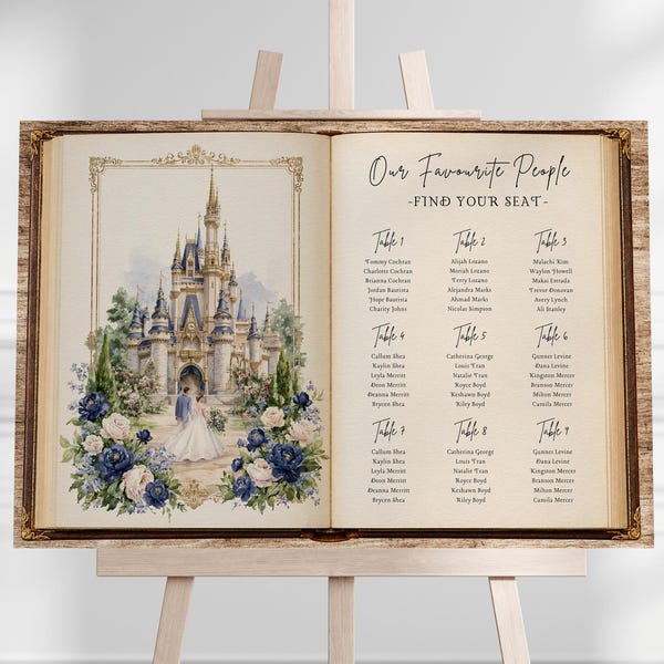Storybook Wedding Seating Chart, Fairytale Castle Table Plan, Blue Floral Reception Seating Display, Find Your Seat Sign, Editable Canva