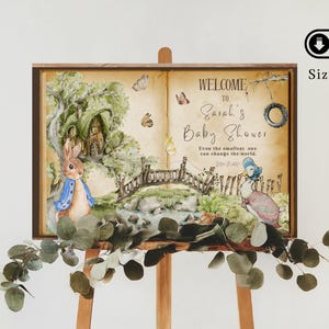 Cartello di benvenuto personalizzato Peter Rabbit - Cartello di benvenuto per baby shower con coniglietto - Decorazione per baby shower con libro di fiabe - Porta d'ingresso - Download digitale